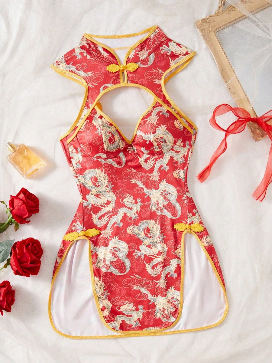 High-Slit Dragon Print Cheongsam Costume