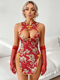 High-Slit Dragon Print Cheongsam Costume