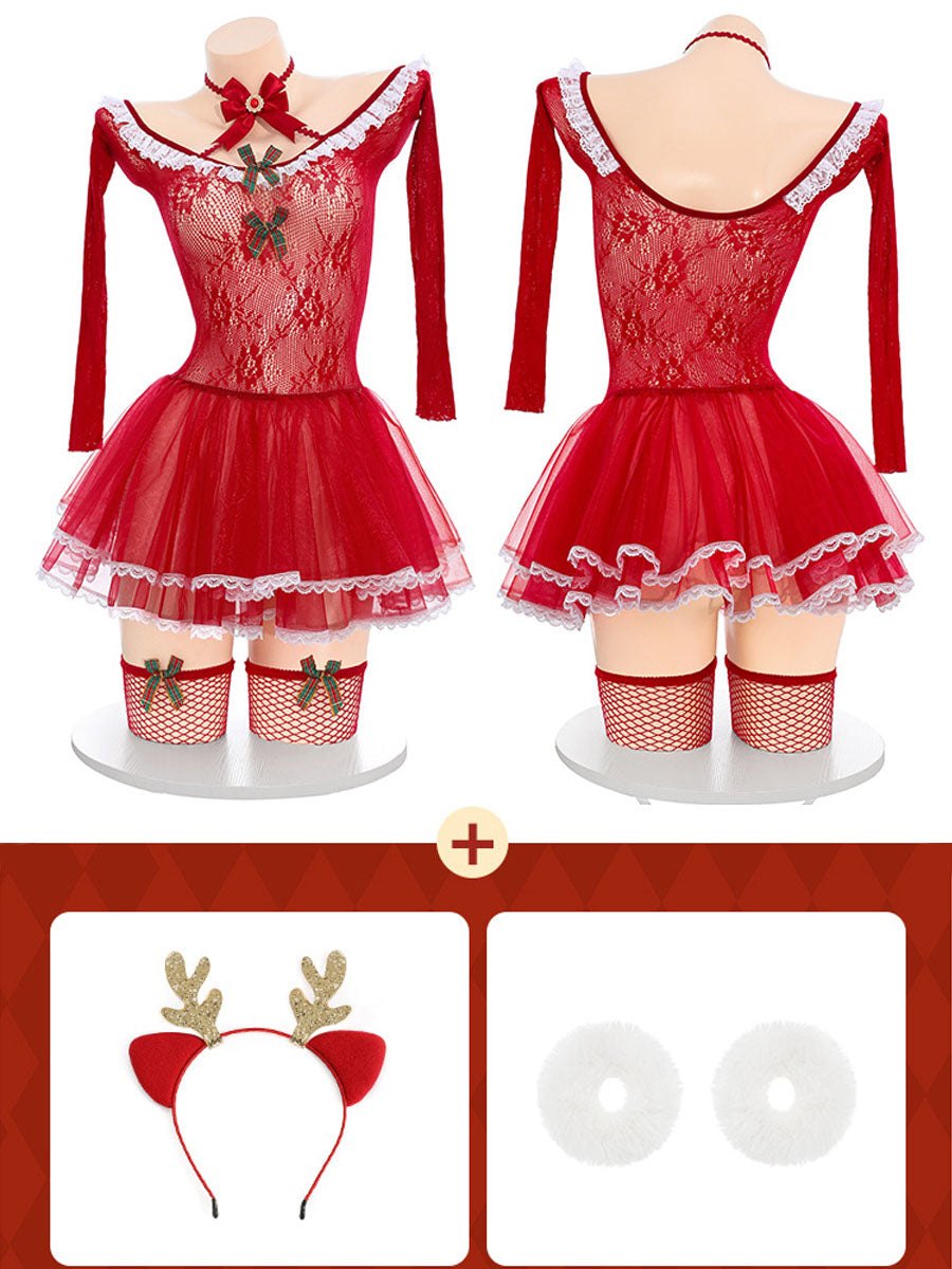 Lace Off Shoulder Christmas Lingerie Dress Set