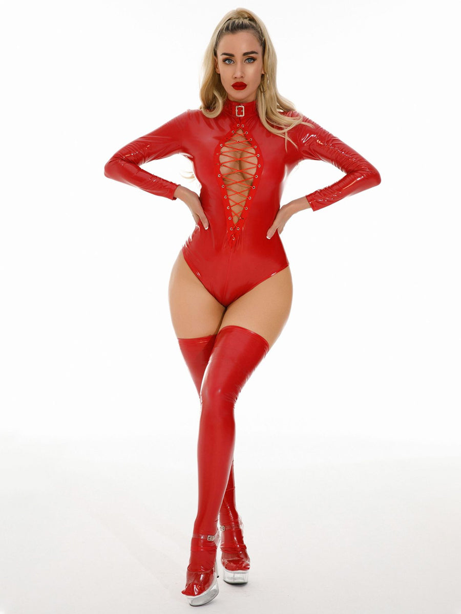 Lace-Up Latex Bodysuit with Stockings