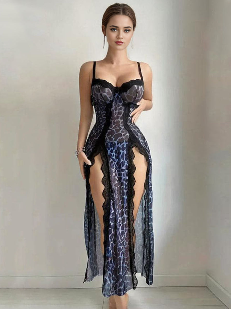 Leopard Lace Trim Nightgown with Thong