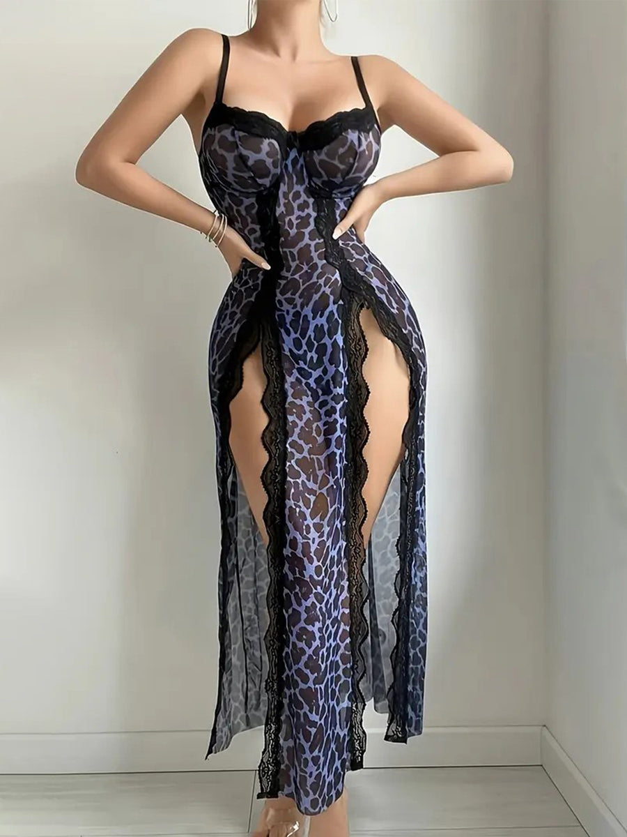 Leopard Lace Trim Nightgown with Thong