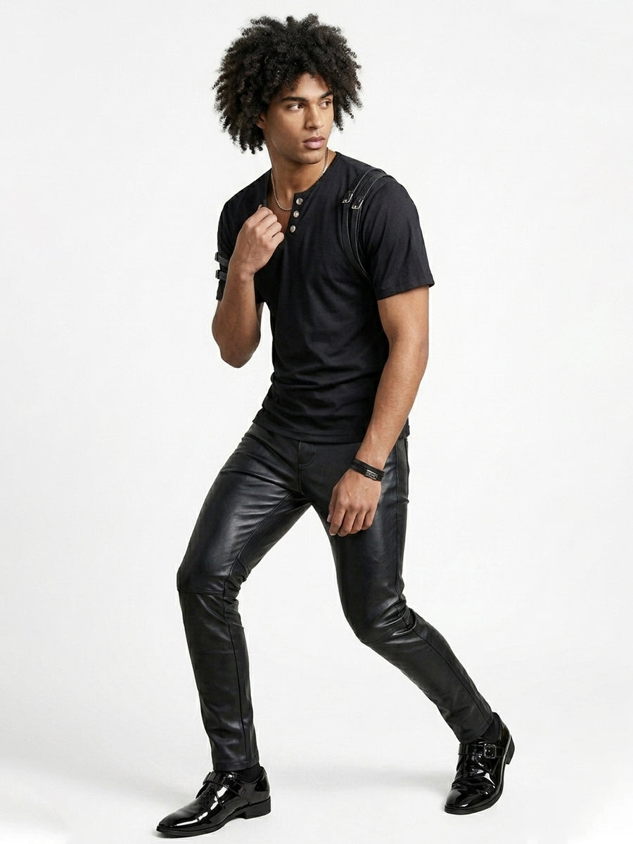 Men's Black Henley T-Shirt with Buckle Straps
