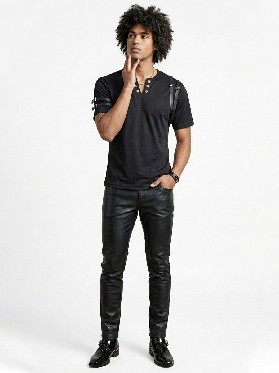 Men's Black Henley T-Shirt with Buckle Straps
