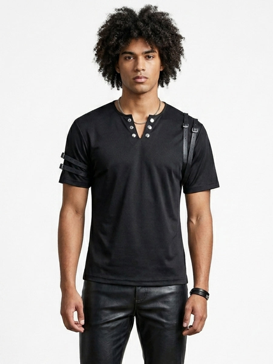 Men's Black Henley T-Shirt with Buckle Straps