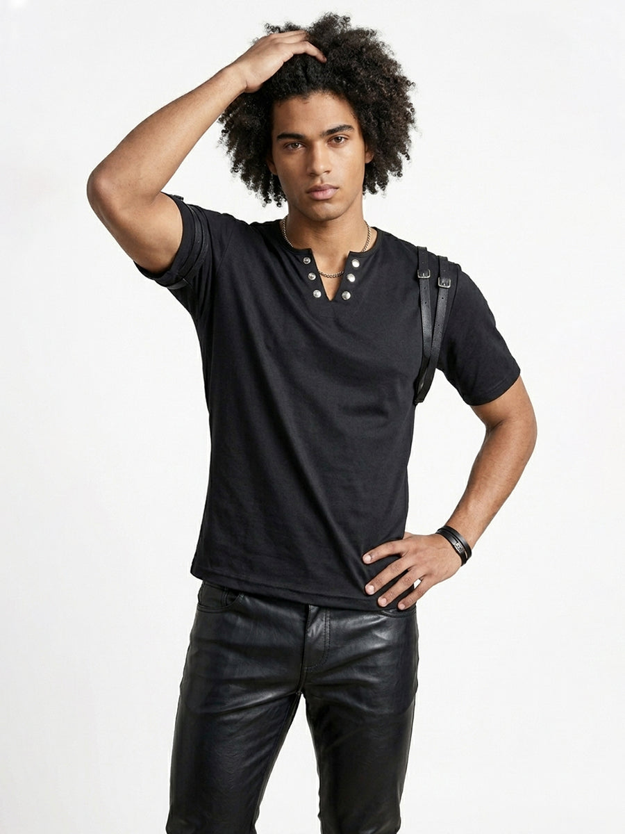 Men's Black Henley T-Shirt with Buckle Straps