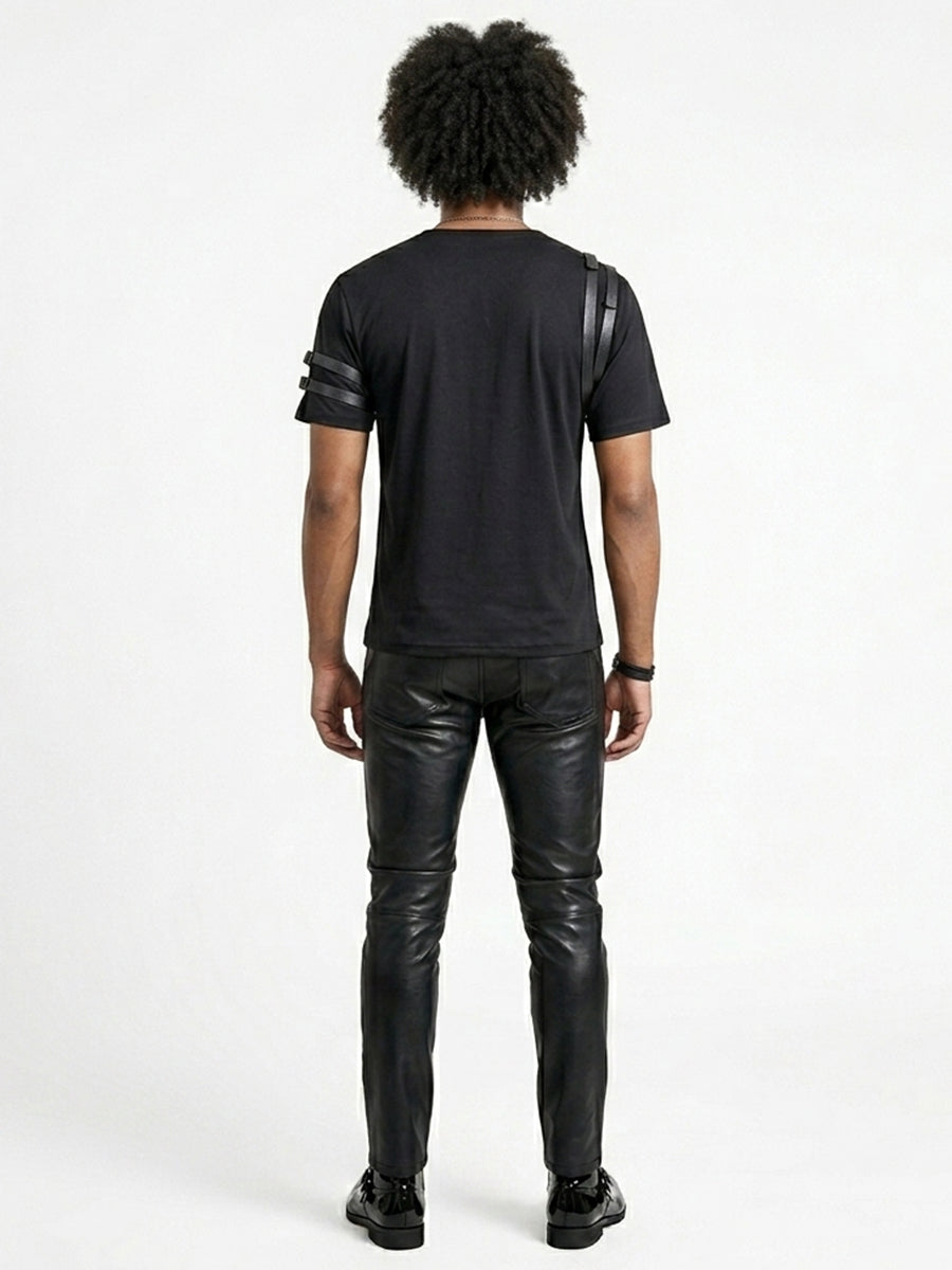 Men's Black Henley T-Shirt with Buckle Straps