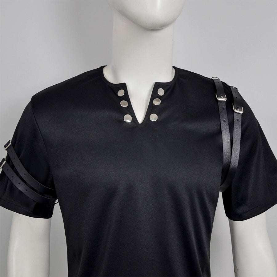 Men's Black Henley T-Shirt with Buckle Straps