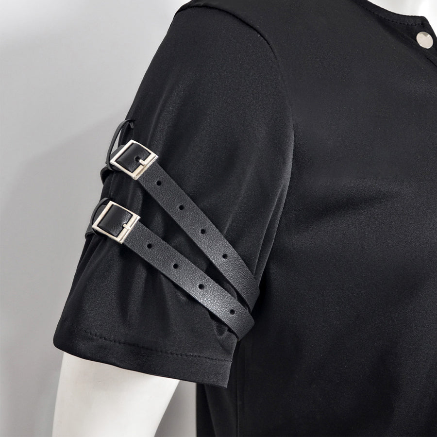 Men's Black Henley T-Shirt with Buckle Straps
