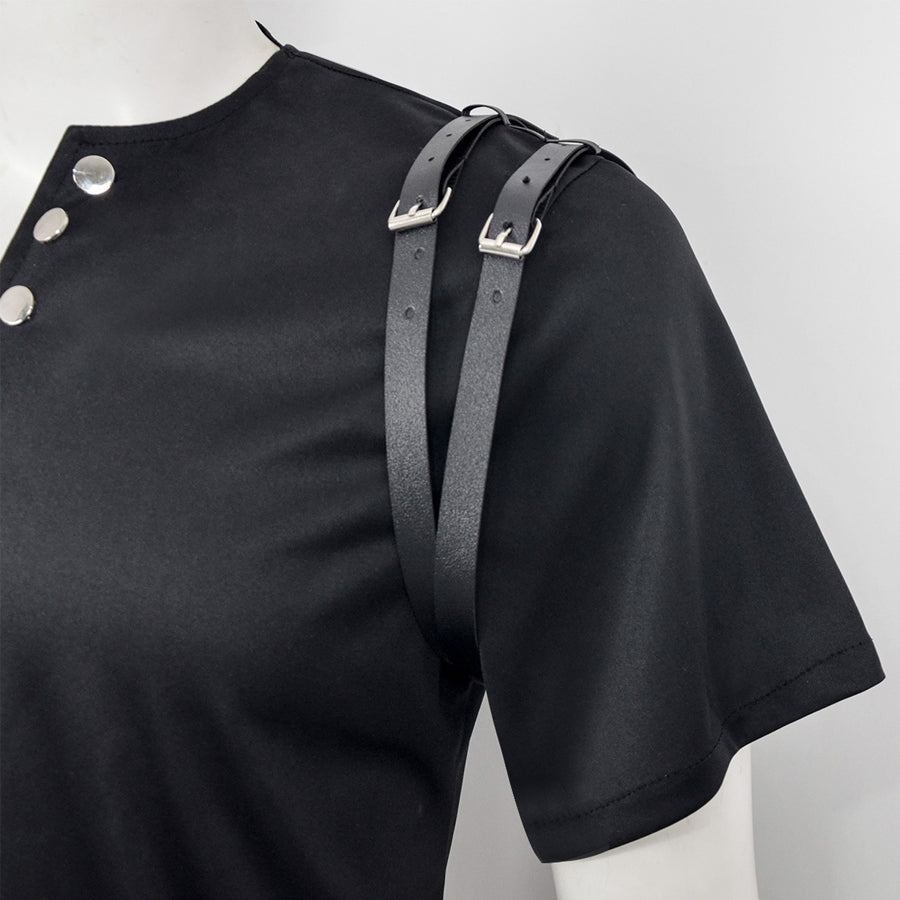 Men's Black Henley T-Shirt with Buckle Straps