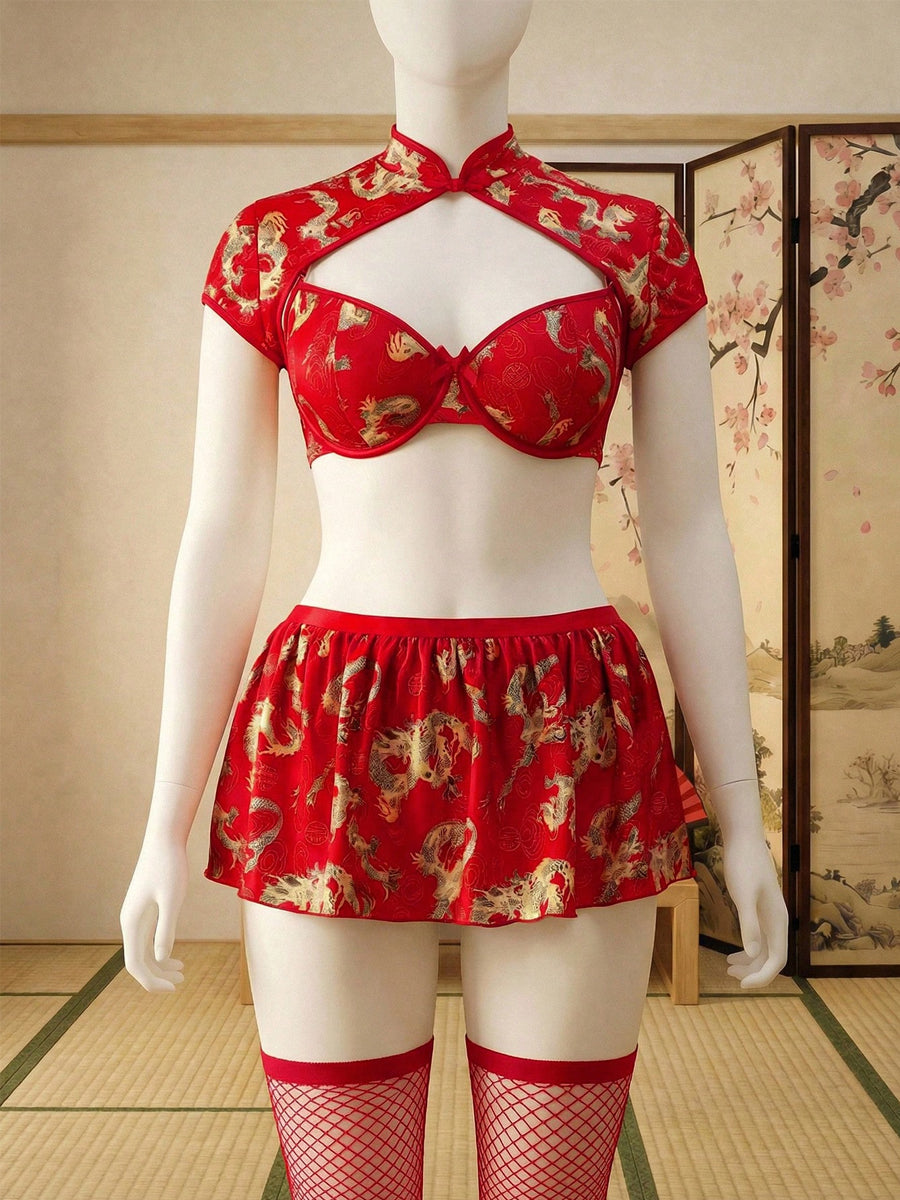 Plus Size Red Dragon Pattern Cutout Cheongsam Set