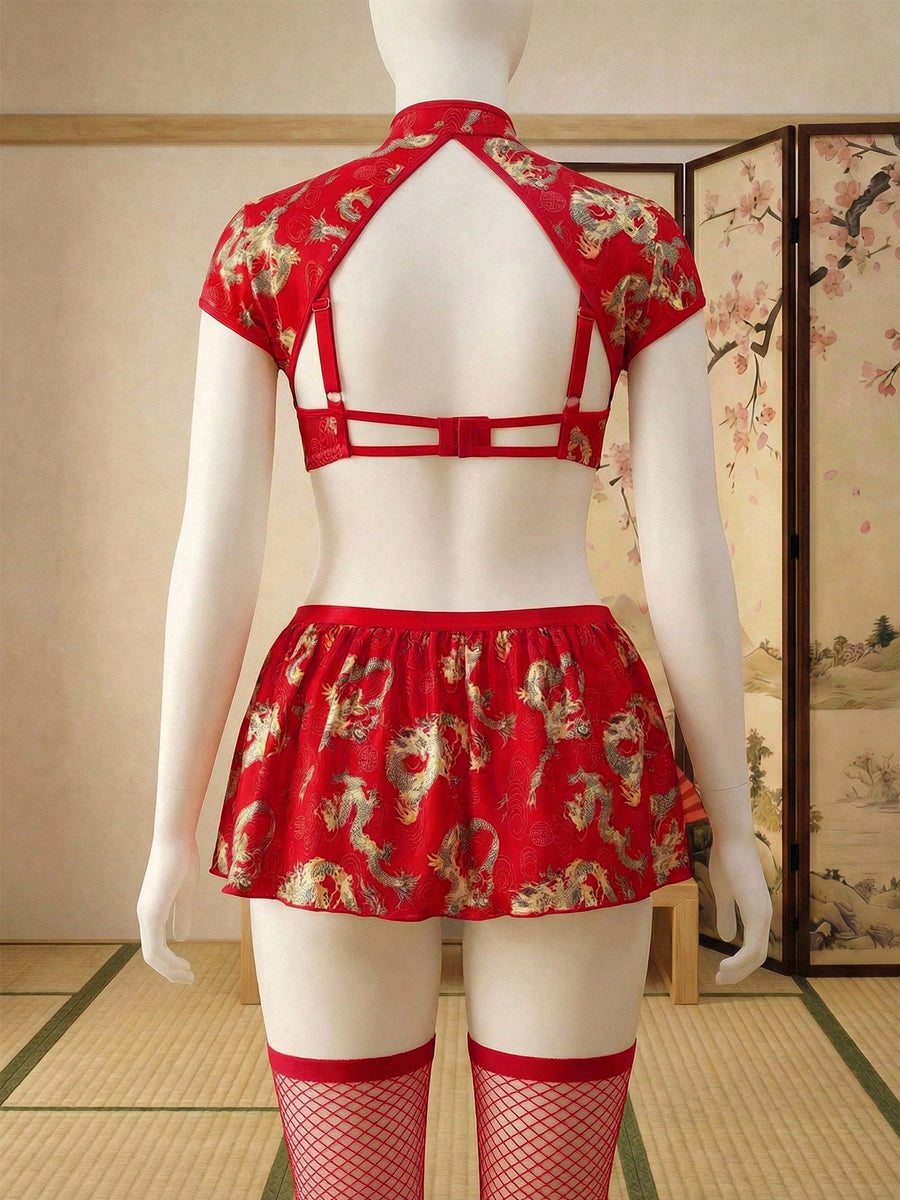 Plus Size Red Dragon Pattern Cutout Cheongsam Set