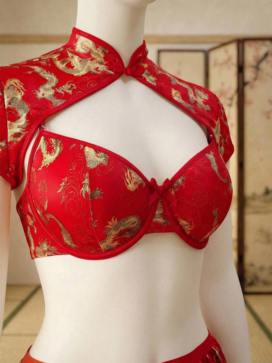 Plus Size Red Dragon Pattern Cutout Cheongsam Set