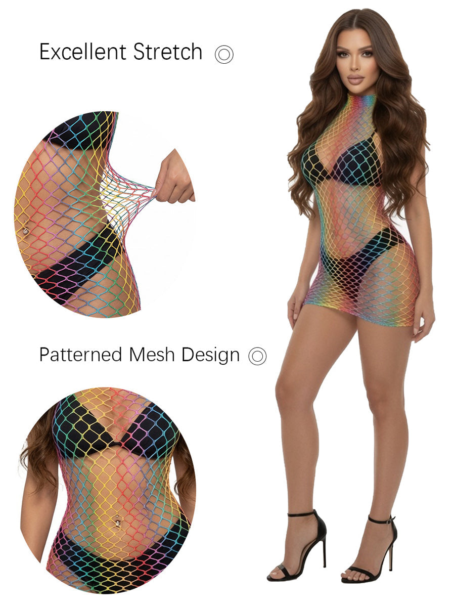 Rainbow Fishnet Sleeveless Mini Dress