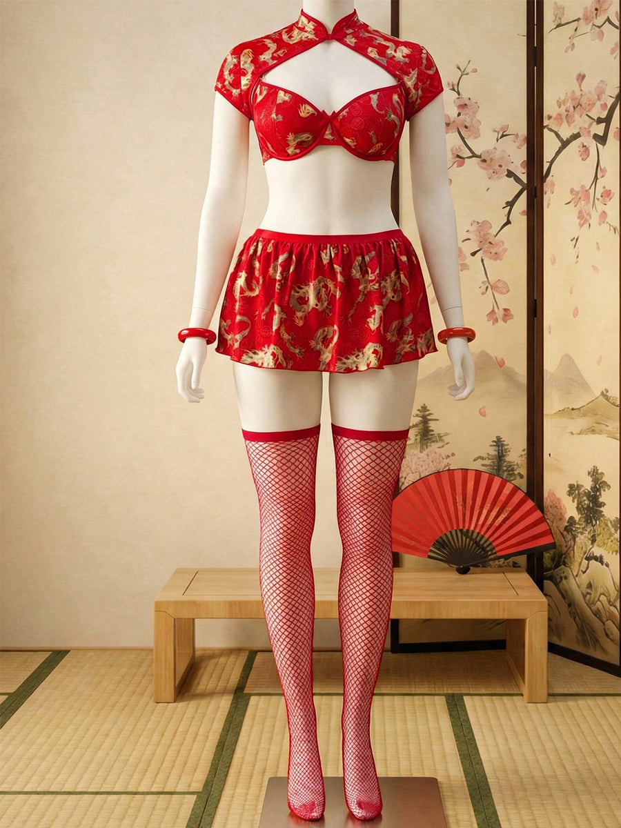 Red Dragon Pattern Cutout Cheongsam Set