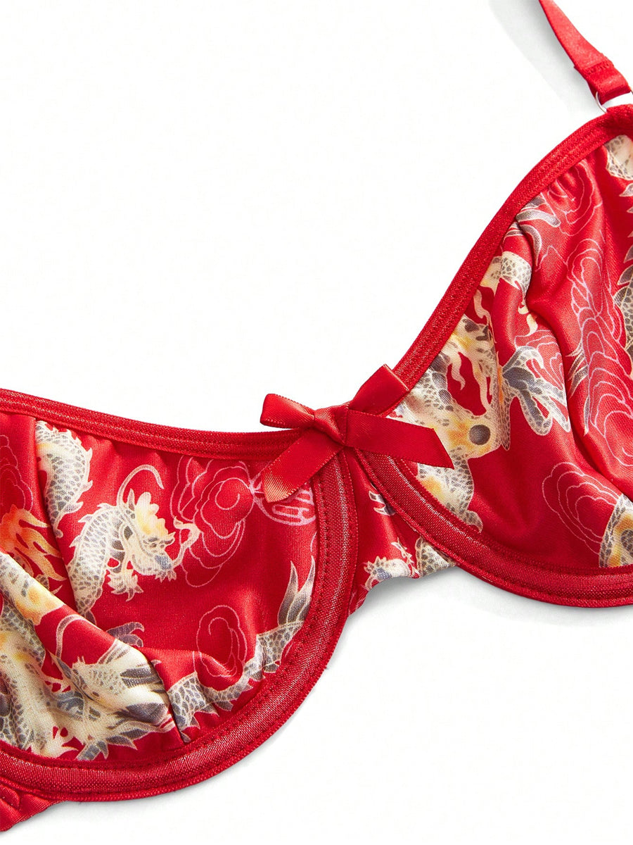 Plus Size Red Dragon Pattern Cutout Cheongsam Set