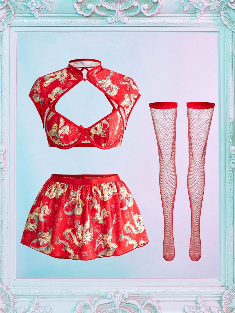 Red Dragon Pattern Cutout Cheongsam Set