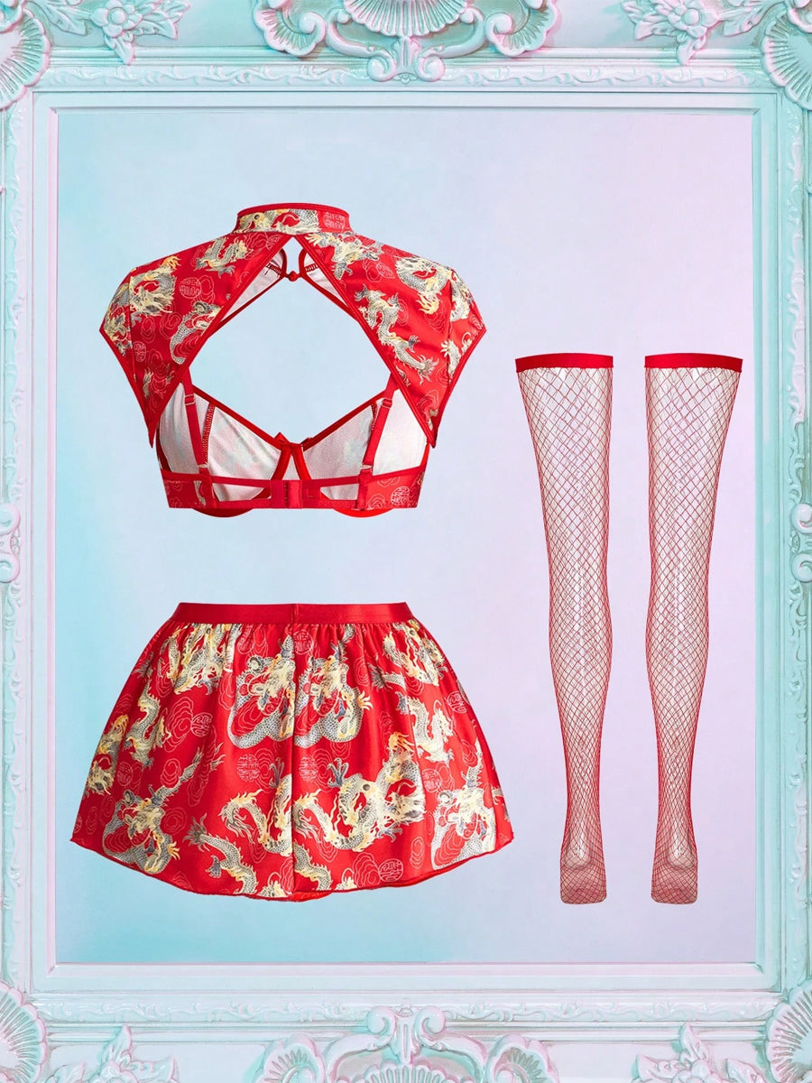 Red Dragon Pattern Cutout Cheongsam Set