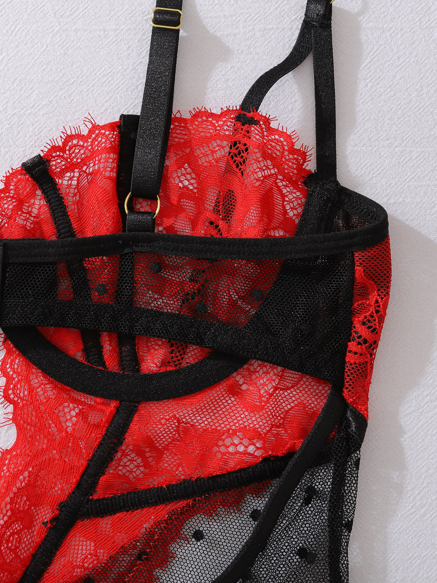 Floral Lace Contrast Paneled Cut-Out Teddy