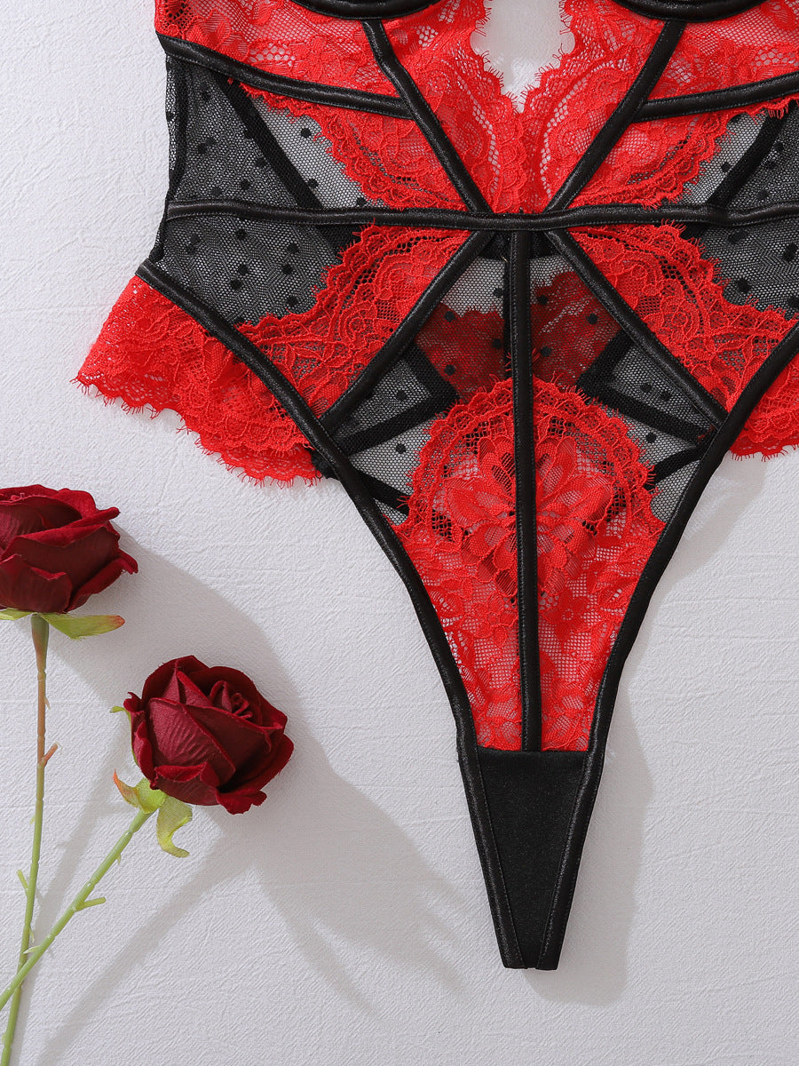 Floral Lace Contrast Paneled Cut-Out Teddy