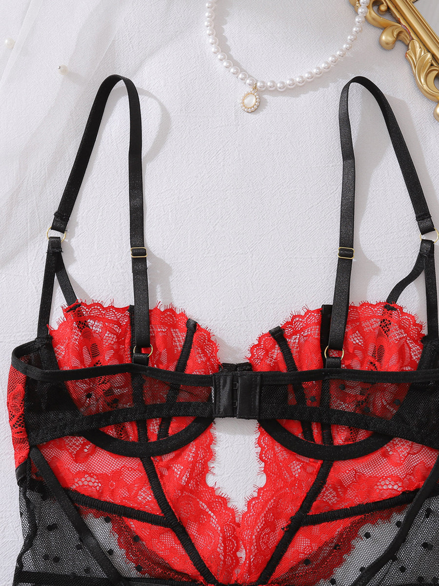 Floral Lace Contrast Paneled Cut-Out Teddy