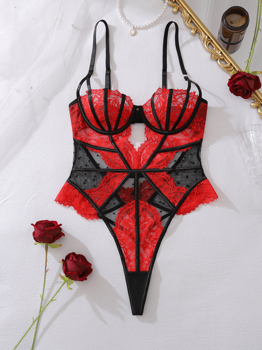 Floral Lace Contrast Paneled Cut-Out Teddy