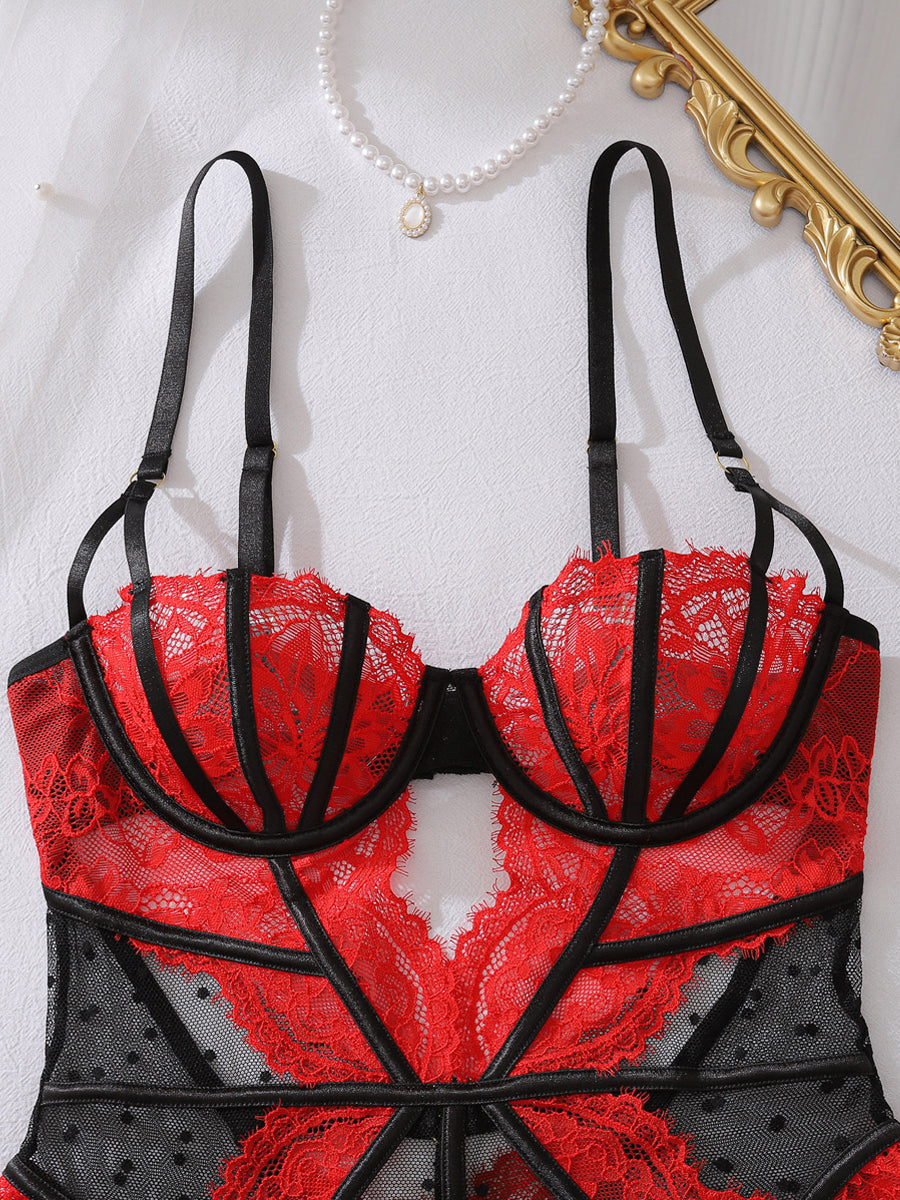 Floral Lace Contrast Paneled Cut-Out Teddy