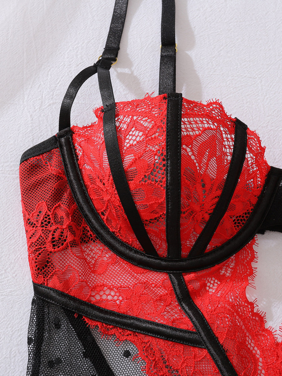 Floral Lace Contrast Paneled Cut-Out Teddy