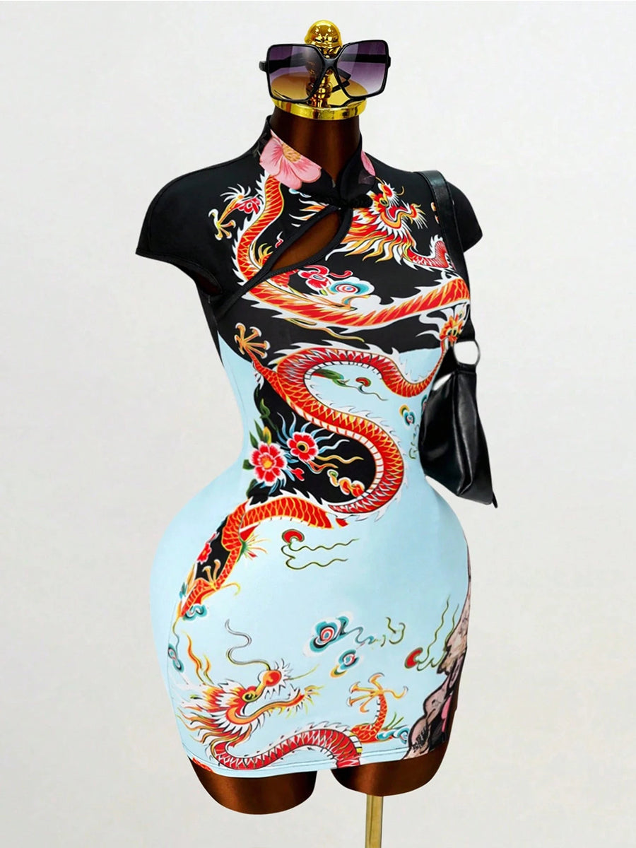 Dragon Print Chinese Cheongsam Dress