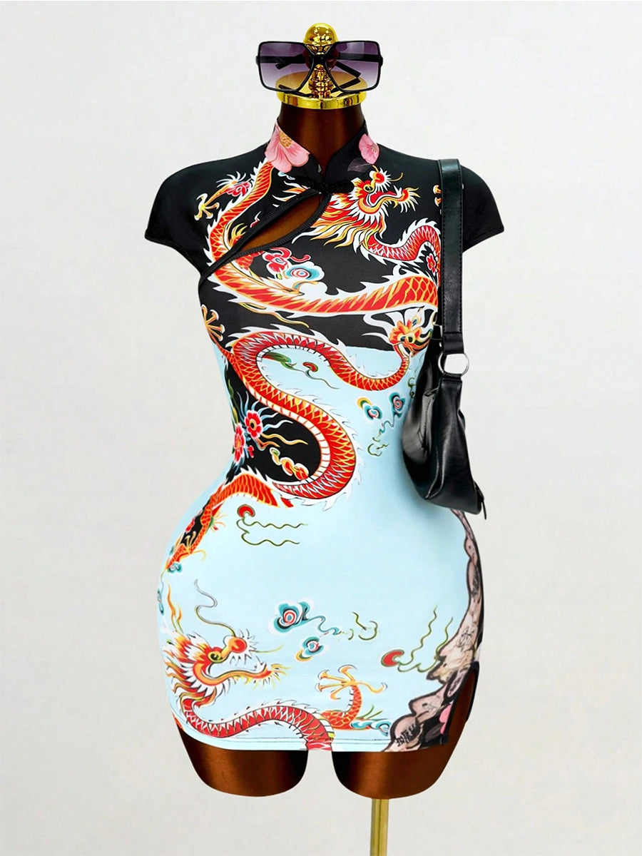 Dragon Print Chinese Cheongsam Dress