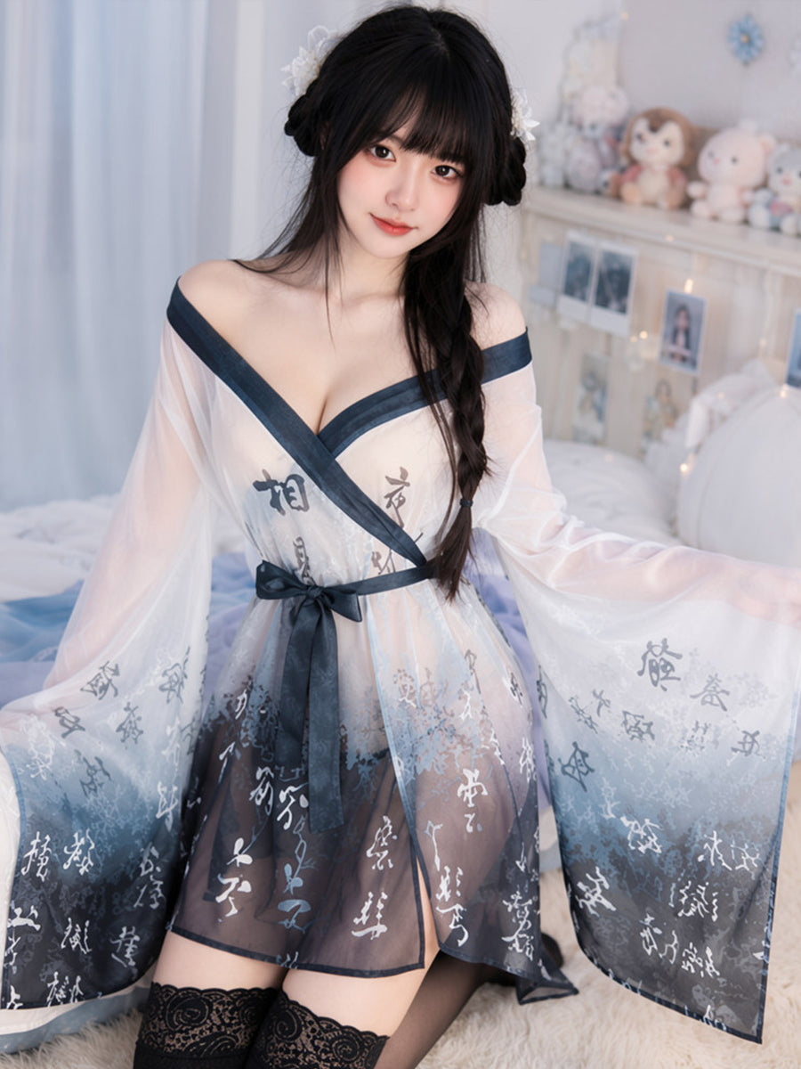 Chinese Calligraphy Kimono Robe Lingerie Set