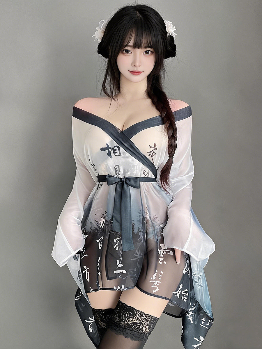 Chinese Calligraphy Kimono Robe Lingerie Set