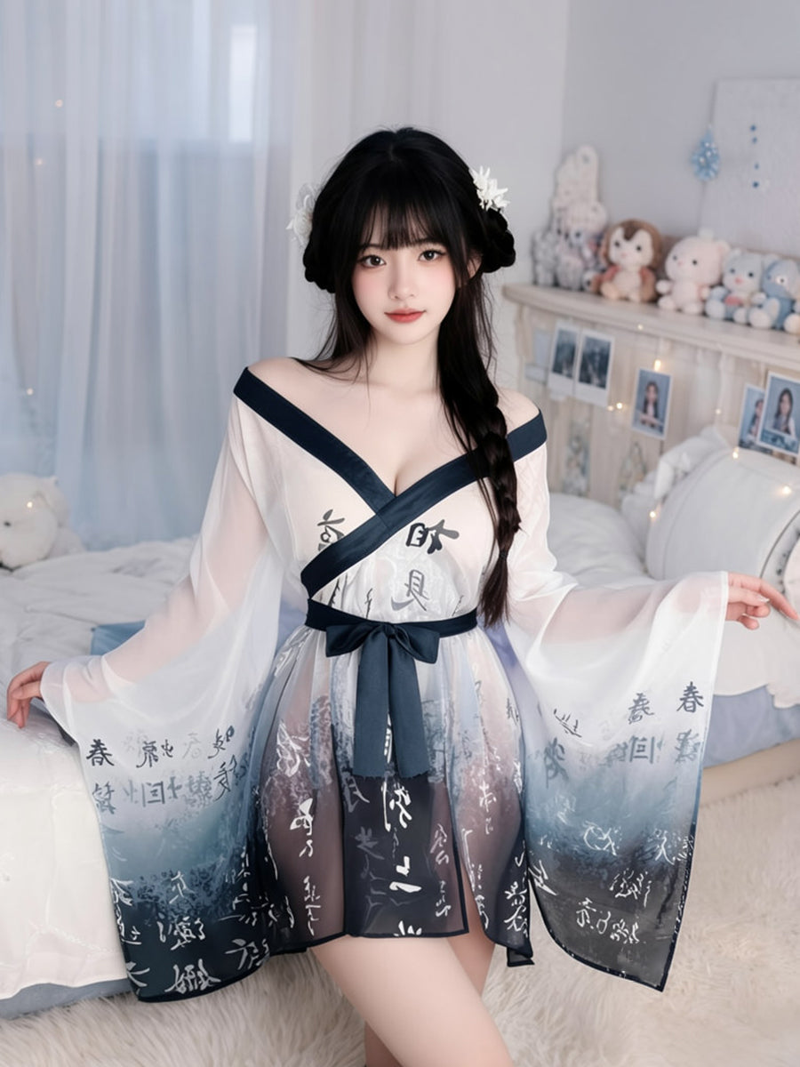 Chinese Calligraphy Kimono Robe Lingerie Set