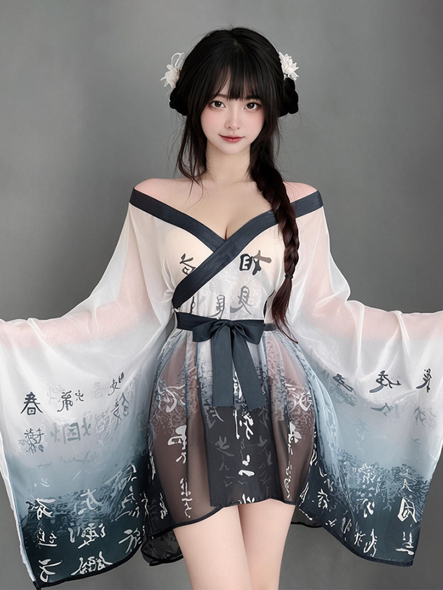 Chinese Calligraphy Kimono Robe Lingerie Set