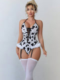Sexy Cow Print Lace-Up Teddy with Stockings