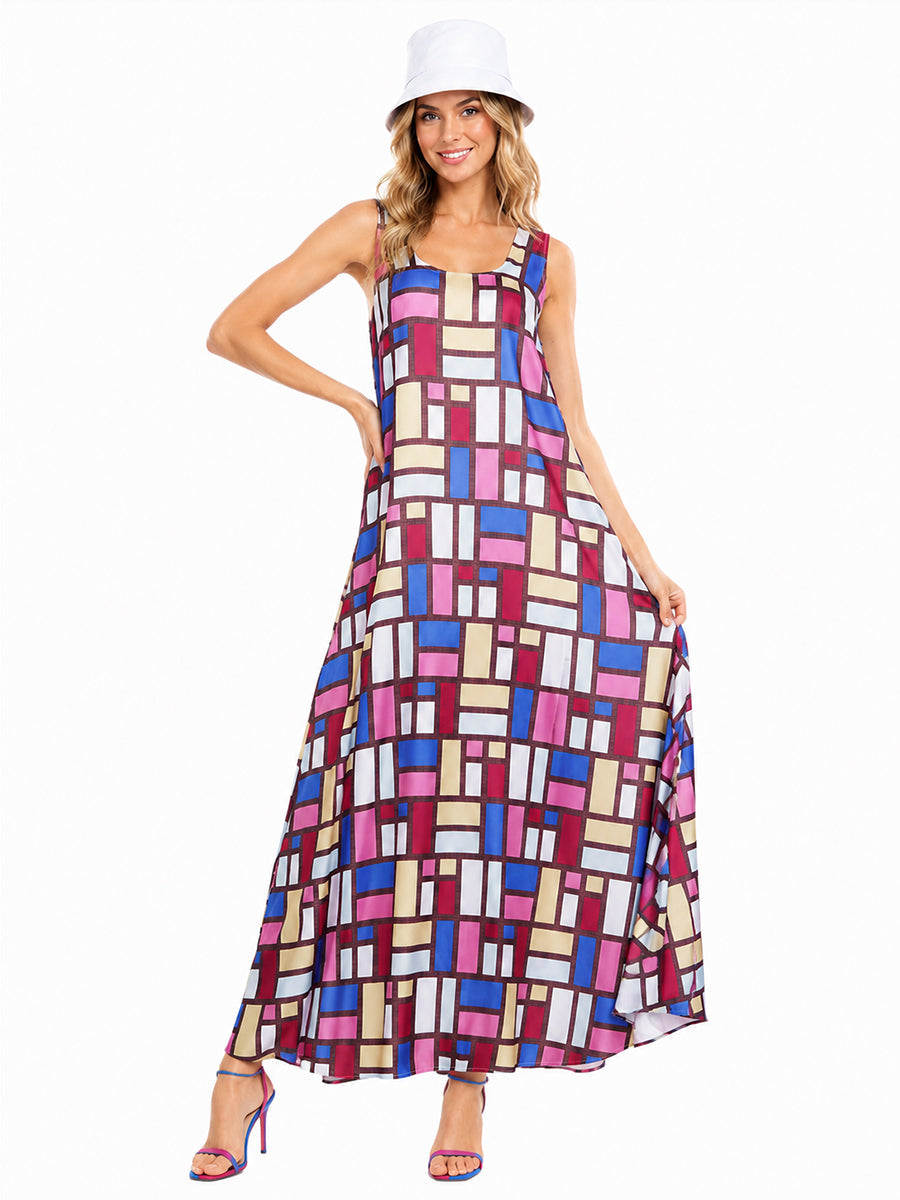 Geometric Print Sleeveless Maxi Dress Set for Women and Girls