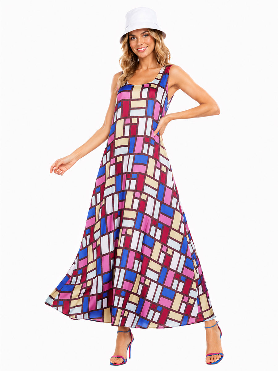Geometric Print Sleeveless Maxi Dress Set for Women and Girls
