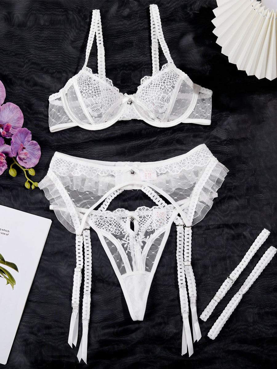 4-Piece Bridal Lace Lingerie Set with Garter Belt