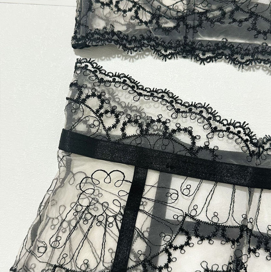 Midnight Flora Embroidery 3-Piece Lingerie Set