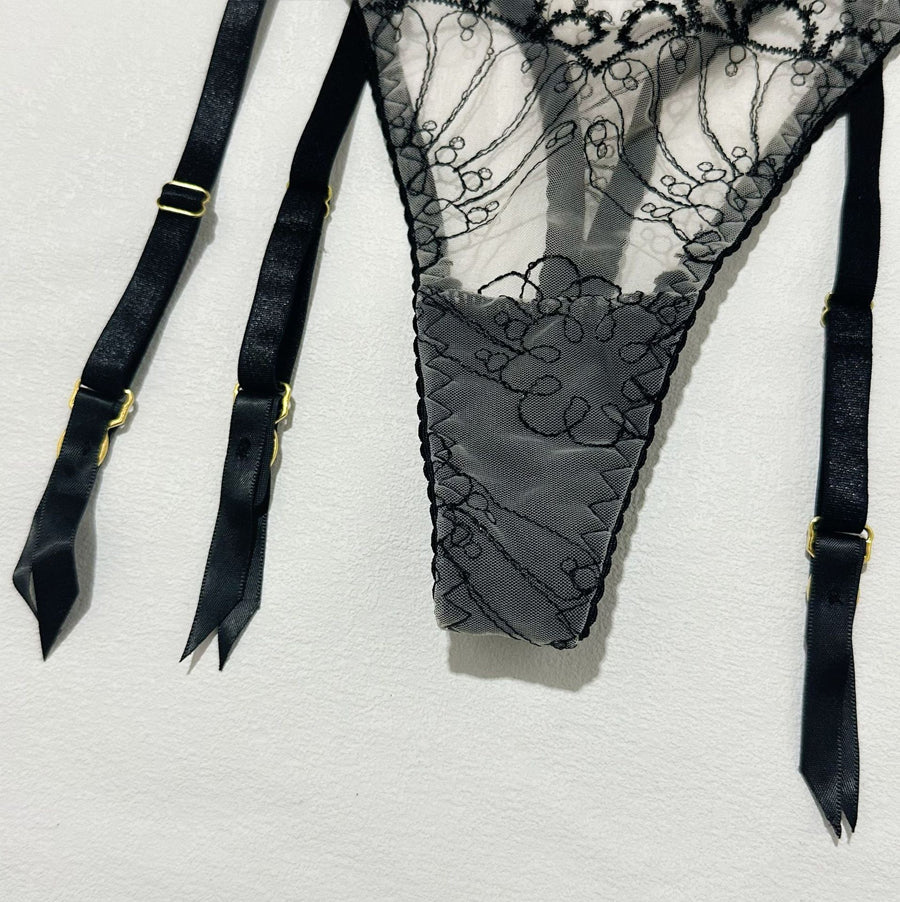 Midnight Flora Embroidery 3-Piece Lingerie Set