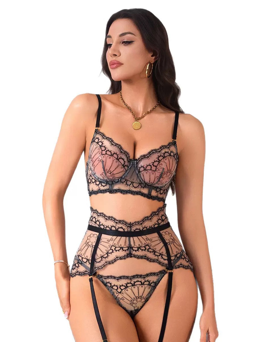 Midnight Flora Embroidery 3-Piece Lingerie Set