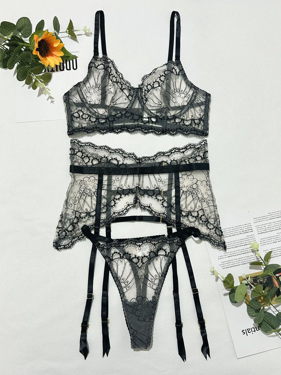 Midnight Flora Embroidery 3-Piece Lingerie Set