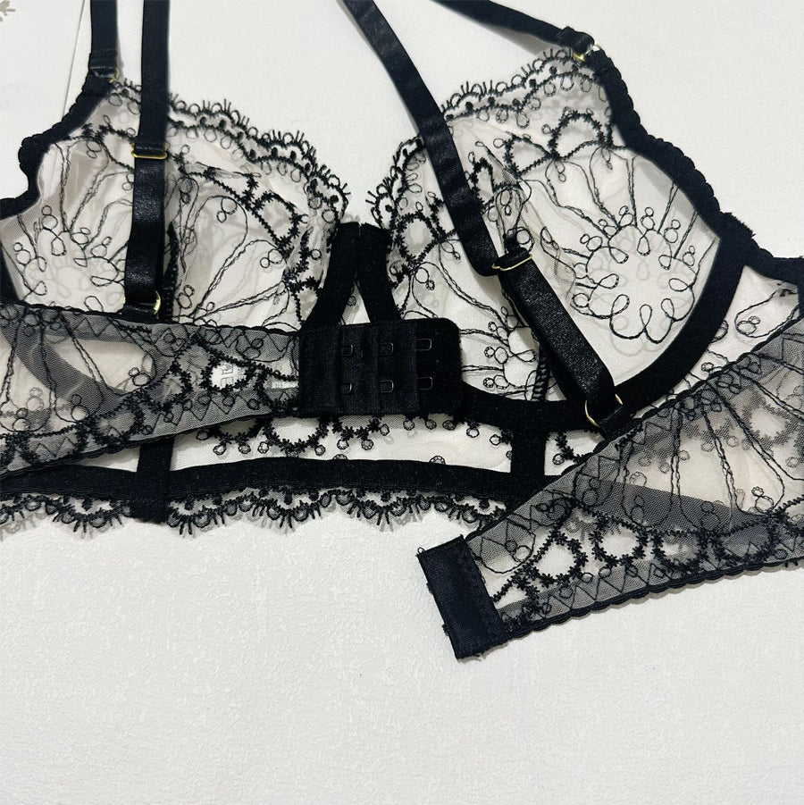 Midnight Flora Embroidery 3-Piece Lingerie Set