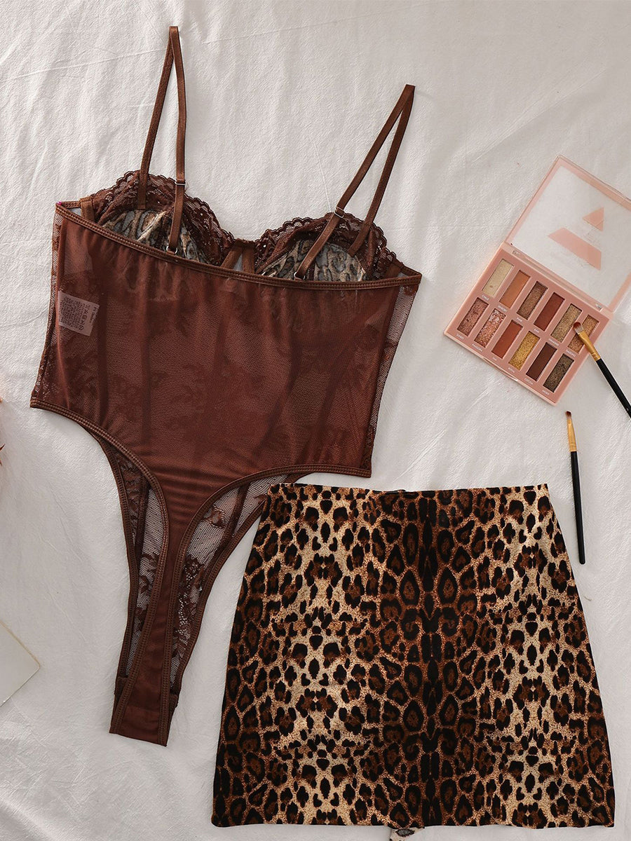 Leopard Print Contrast Lace Bodysuit with Tie-side Mini Skirt