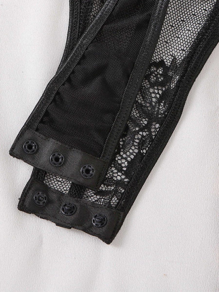 Leopard Print Contrast Lace Bodysuit with Tie-side Mini Skirt
