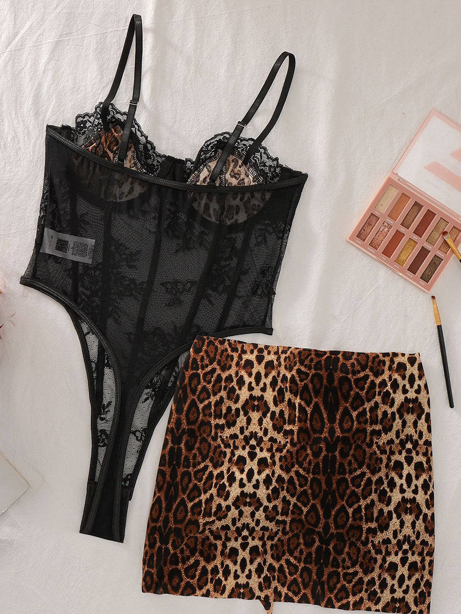 Leopard Print Contrast Lace Bodysuit with Tie-side Mini Skirt
